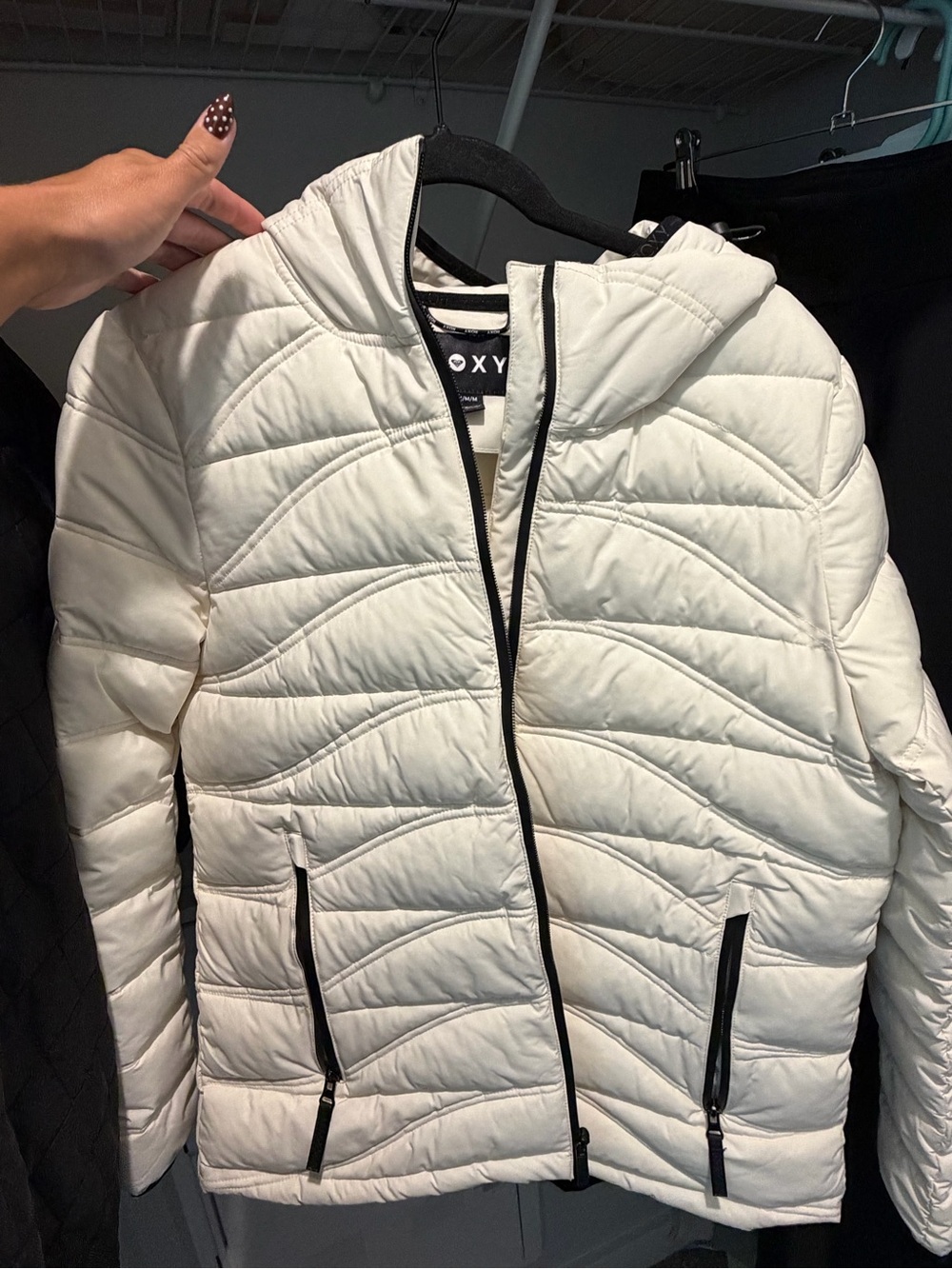 Roxy White Quilted Hooded Puffer Jacket with Black Trim
